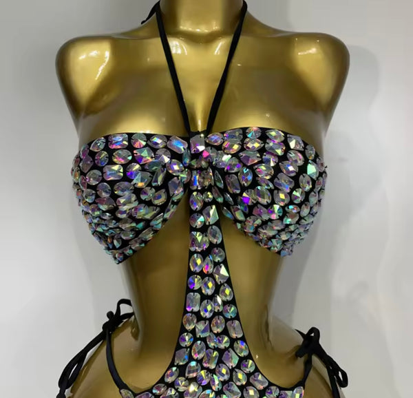 Women Sexy Black Rhinestone Halter Tie Up Swimsuit