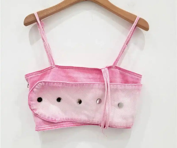 Women Sleeveless Pink Gradient Buckled Denim Crop Top