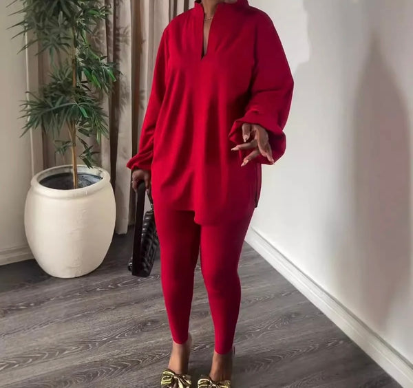 Women Fashion Solid Color Full Sleeve Tunic Top Two Piece Pant Set