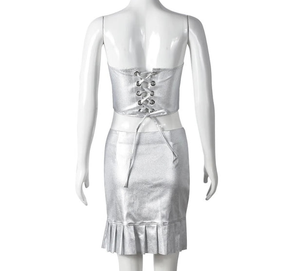 Women Sexy Silver Strapless Two Piece Pleated Skirt Set