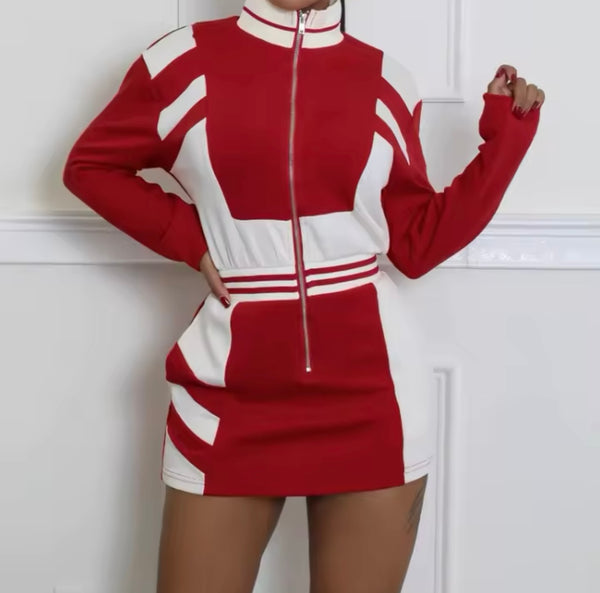 Women Fashion Zip Up Striped Full Sleeve Dress