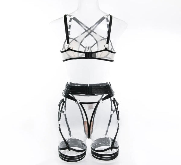 Women Sexy Criss Cross Mesh Lingerie Set