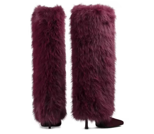Women Fashion Color Suede Faux Fur Knee High Boots