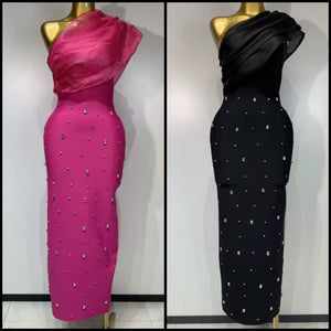 Women Sexy One Shoulder Mesh Sleeveless Crystal Maxi Dress
