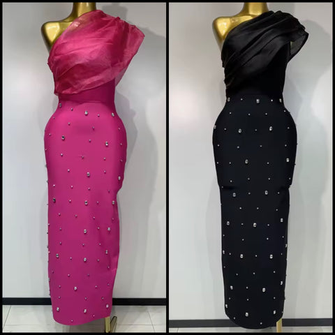 Women Sexy One Shoulder Mesh Sleeveless Crystal Maxi Dress