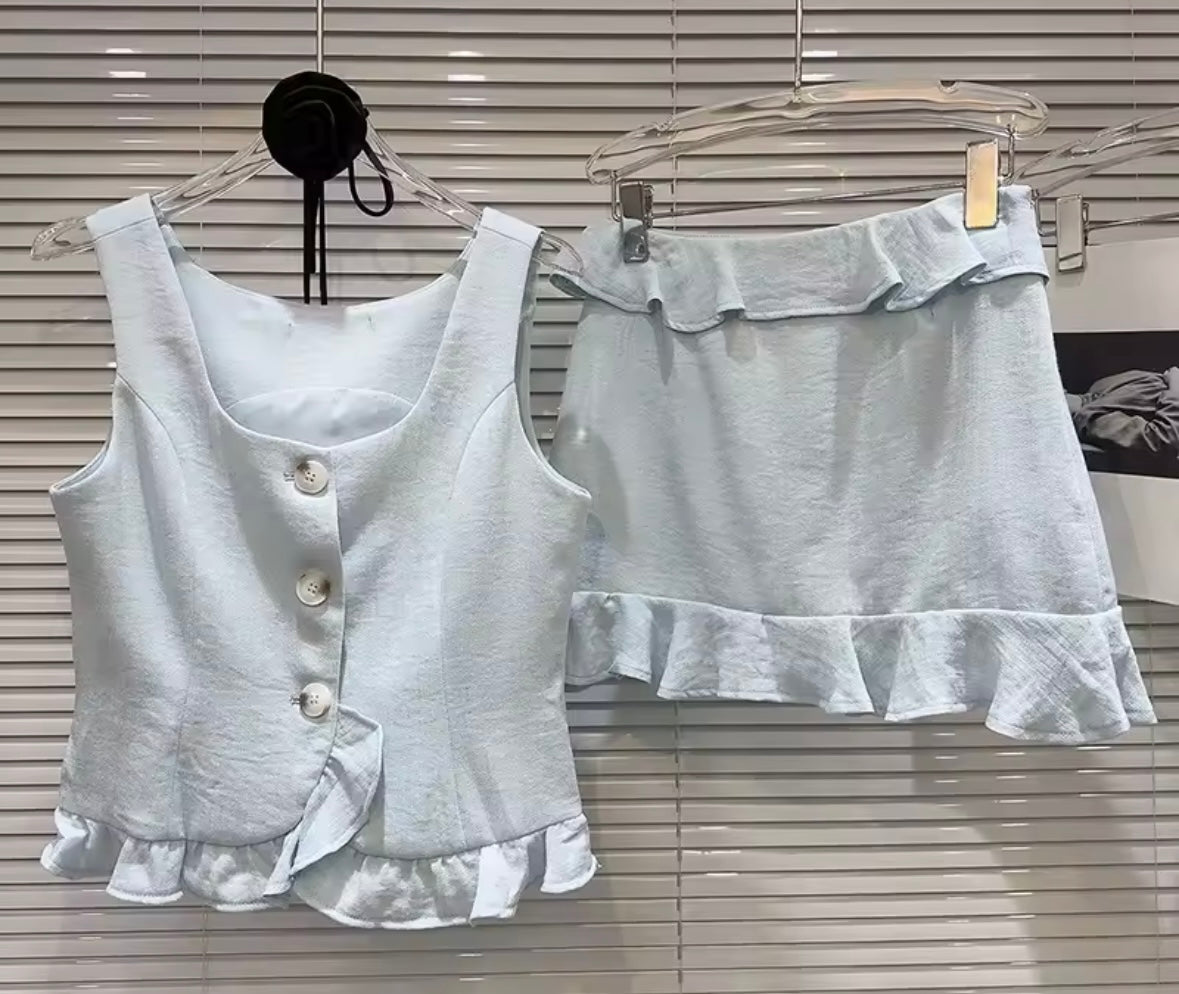 Women Sexy Button Up Ruffled Sleeveless Two Piece Skirt Set