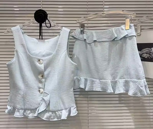 Women Sexy Button Up Ruffled Sleeveless Two Piece Skirt Set