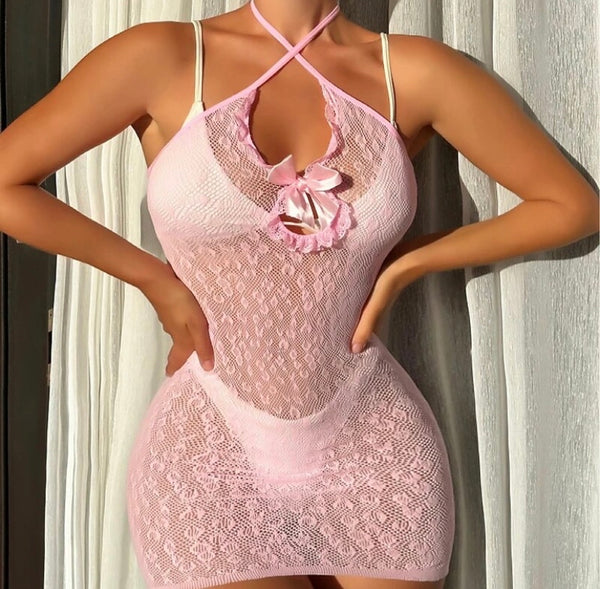 Women Sexy Pink Lace Halter Dress Lingerie