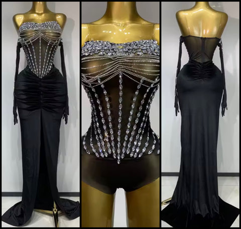 Women Sexy Mesh Rhinestone Bodysuit Two Piece  Maxi Skirt Set