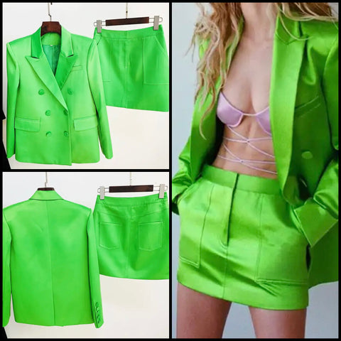 Women Sexy Green Satin Blazer Two Piece Skirt Set