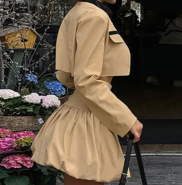 Women Sexy Fashion Full Sleeve Khaki Two Piece Skirt Set