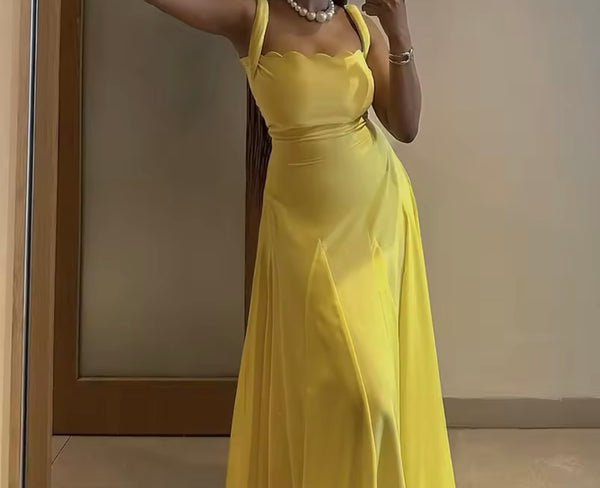 Women Yellow Sleeveless Sexy Maxi Dress