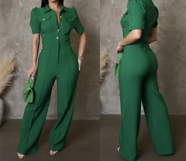 Women Color Button Up Short Sleeve Fashion Jumpsuit