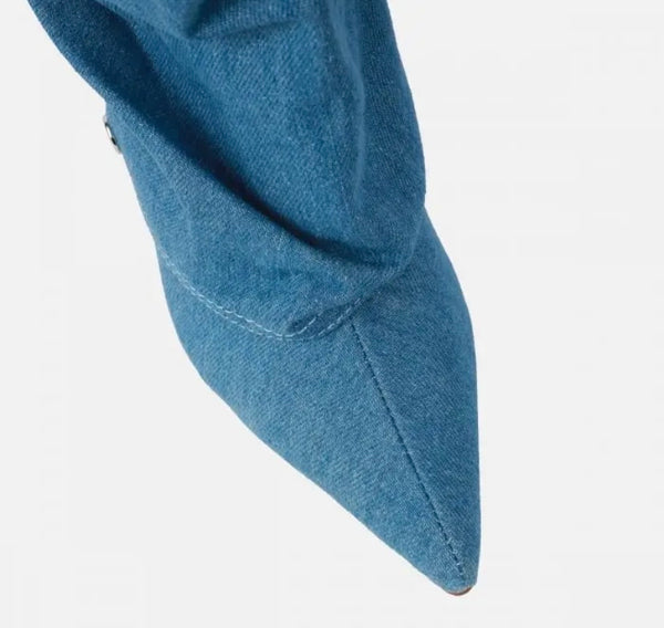 Women Fashion Pointed Toe High Heel Button Denim Boots