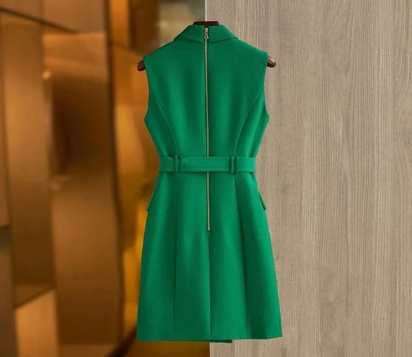Women Fashion Sleeveless Gold Button Letter Belt Dress