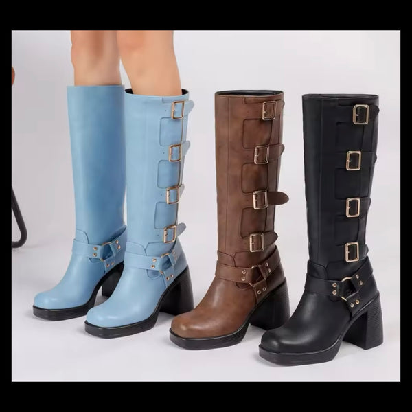 Women Color Fashion Square Toe Buckled Knee High Boots