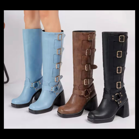 Women Color Fashion Square Toe Buckled Knee High Boots
