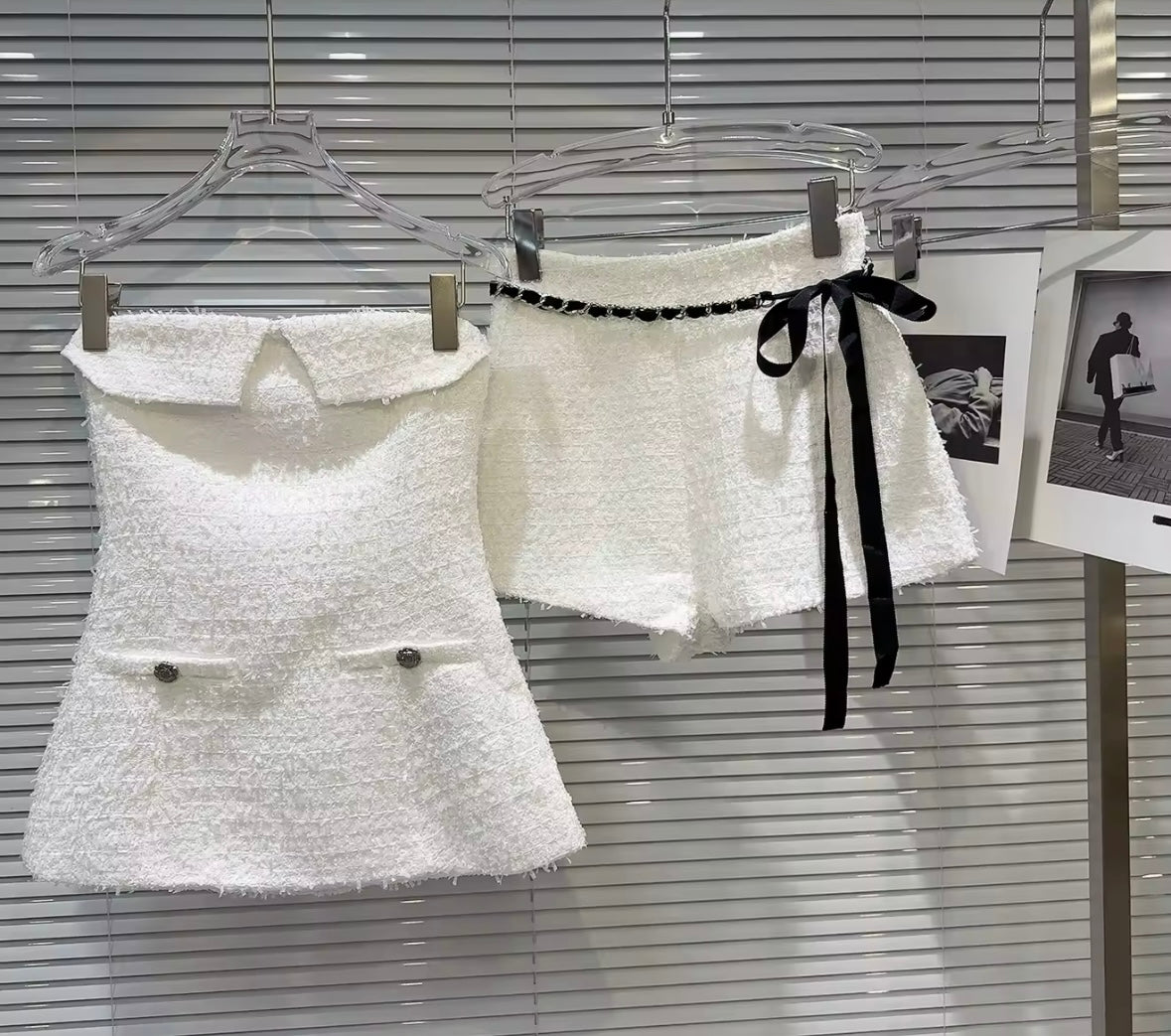 Women Color Strapless Tweed Two Piece Short Set