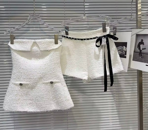 Women Color Strapless Tweed Two Piece Short Set