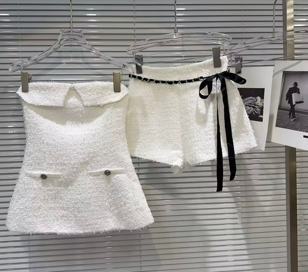 Women Color Strapless Tweed Two Piece Short Set