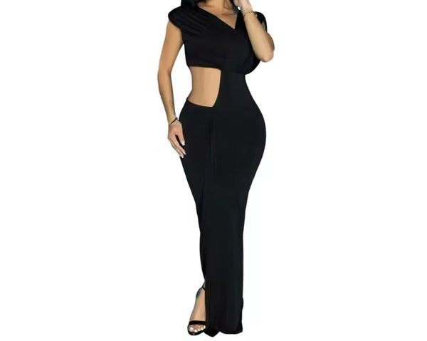 Women Sexy Solid Color Short Sleeve Cut Out Maxi Dress