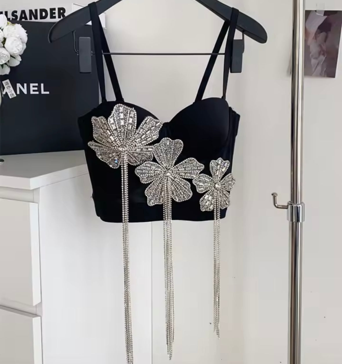 Women Fashion Sleeveless Floral Rhinestone Tassel Top