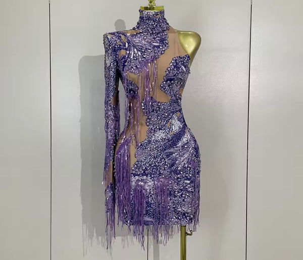 Women Sexy Purple One Shoulder Rhinestone Mesh Tassel Dress