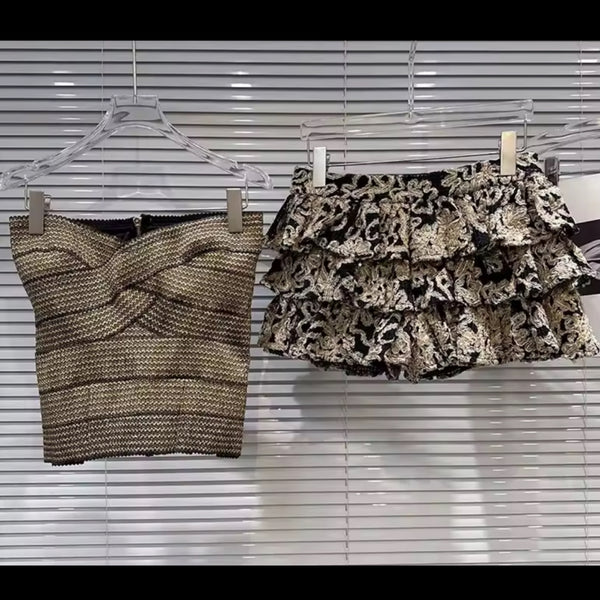 Women Sexy Strapless Gold Printed Ruffled Two Piece Skirt Set