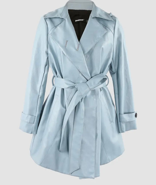 Women Fashion Blue Belted Faux Leather Trench Jacket