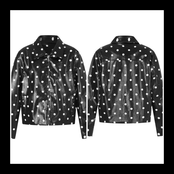 Women Fashion Black Polka Dot Faux Leather Jacket
