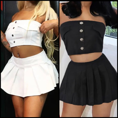 Women Sexy Strapless Button Crop Two Piece Pleated Skirt Set