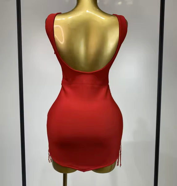Women Sexy Sleeveless Red Beaded Tassel Dress