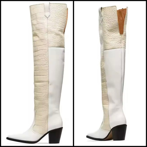 Women Fashion Color Patchwork Over The Knee Western Boots