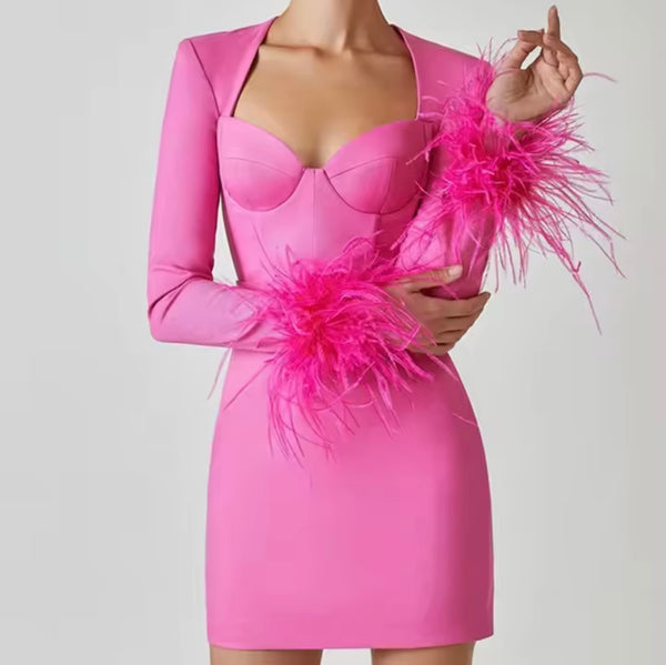 Women Pink Sexy Feather Full Sleeve Dress