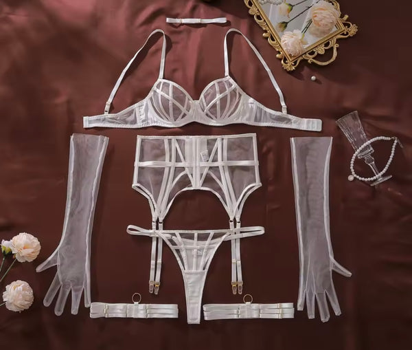 Women White Sexy Cut Out Glove Mesh Lingerie Set