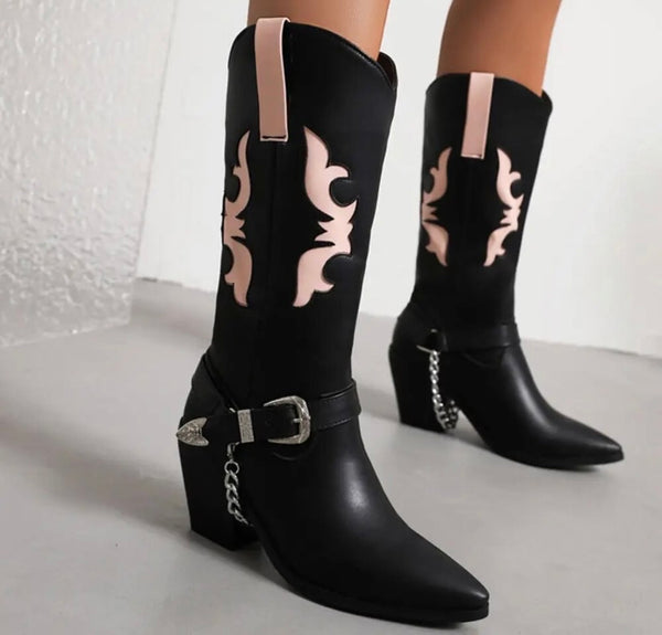 Women Fashion Faux Leather Color Patchwork Chain Western Boots