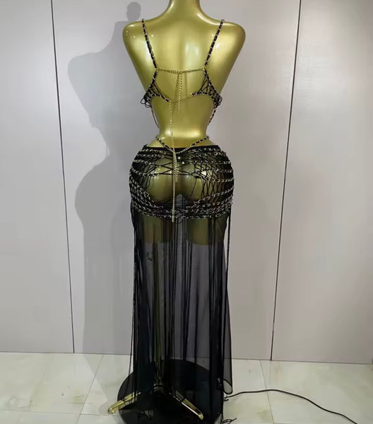 Women Black Sleeveless Chain Cut Out Sexy Maxi Dress