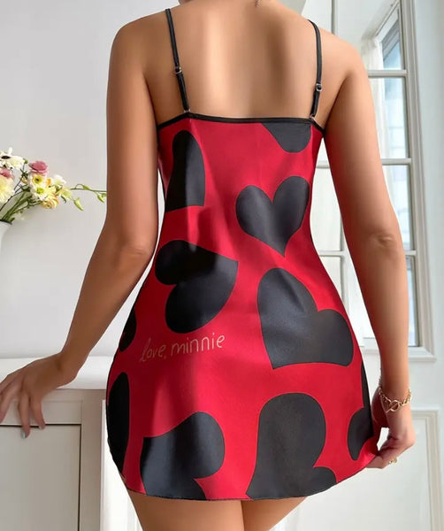 Women Sexy Love Heart Print Sleeveless Satin Nightgown