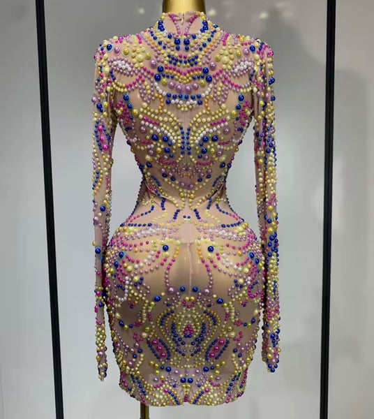 Women Sexy Colorful Beaded Mesh Full Sleeve Dress