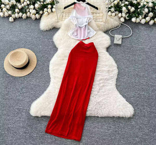 Women Sexy Floral Halter Open Back Sleeveless Two Piece Maxi Skirt Set