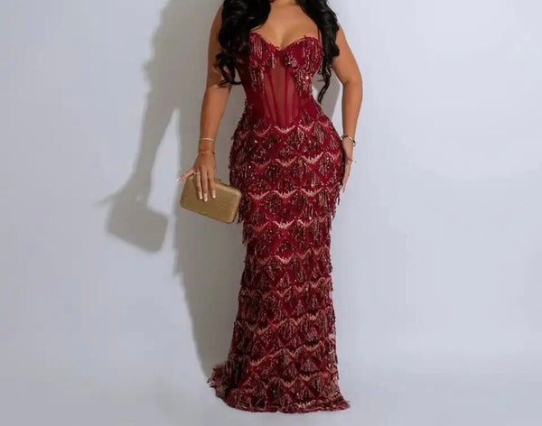 Women Sexy Sequins Tassel Sleeveless Maxi Dress