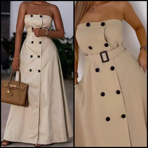 Women Sexy Strapless Button Up Belted Khaki Maxi Dress