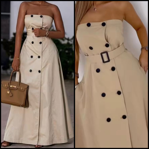 Women Sexy Strapless Button Up Belted Khaki Maxi Dress