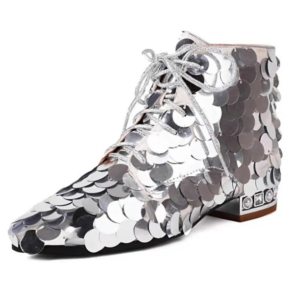 Women Fashion Lace Up Sequins Ankle Boots