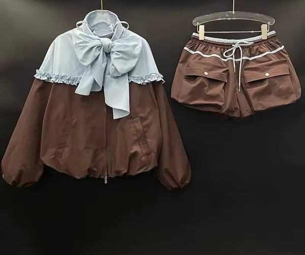 Women Color Patchwork Bow Jacket Two Piece Short Set