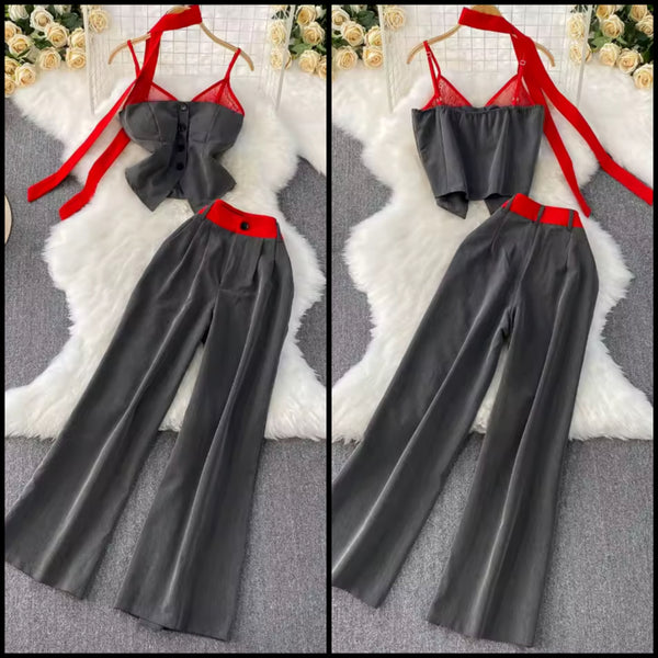 Women Gray Sleeveless Button Up Two Piece Fashion Pant Set