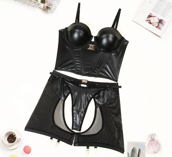 Women Black Sexy PU Mesh Lingerie Set