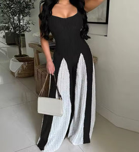 Women Sexy Sleeveless Color Patchwork Wide Leg Jumpsuit