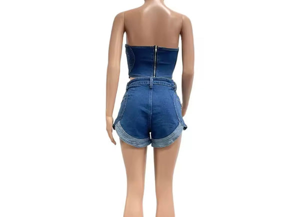 Women Sexy Strapless Color Patchwork Denim Two Piece Short Set