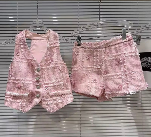 Women Sleeveless Button Up Pink Tweed Two Piece Short Set